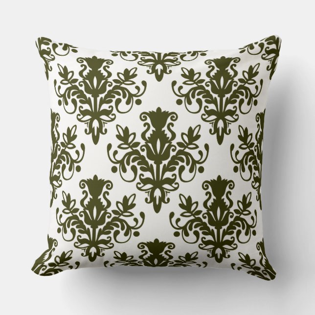 Damask 02 Pattern - Donkere Olijf op White Kussen (Voorkant)