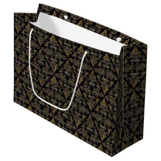 Damask 06 Black-Gold-Large Gift Bag Large Cadeautasje (Voorkant Gekanteld)