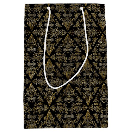 Damask 06 Black-Gold-Medium Gift Bag Medium Cadeauzakje (Voorkant)