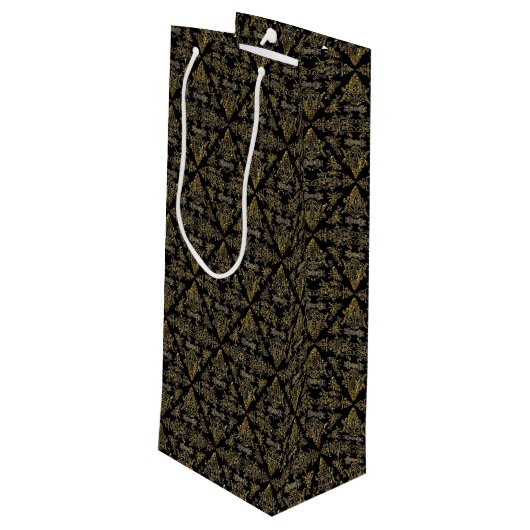 Damask 06 Black-Gold-Wine Gift Bag Wijn Cadeautas (Achterkant Gekanteld)