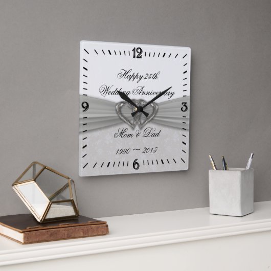 Damask 25th Wedding Jubileum Square Wall Clock Vierkante Klok (Kantoor)