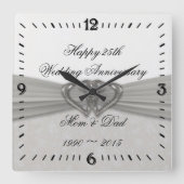 Damask 25th Wedding Jubileum Square Wall Clock Vierkante Klok (Voorkant)