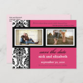 Damask 2-Foto Fuschia-Black-White Bewaar de datum Aankondigingskaart (Voorkant / Achterkant)