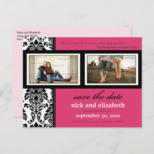 Damask 2-Foto Fuschia-Black-White Bewaar de datum Aankondigingskaart (Voorkant / Achterkant)