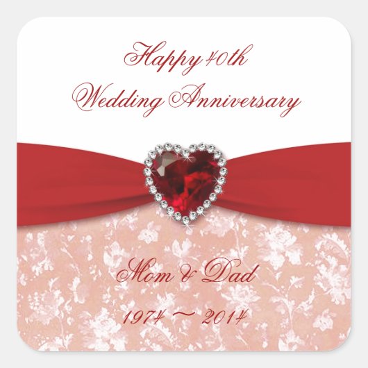 Damask 40th Wedding Jubileum Design Vierkante Sticker (Voorkant)