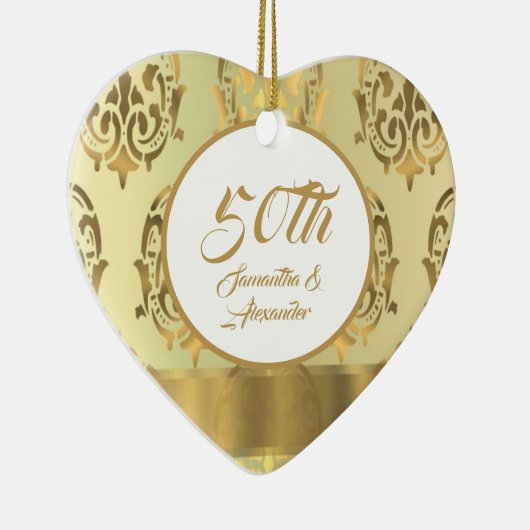 Damask 50th Golden bruiloft Jubileum Keramisch Ornament (Rechts)