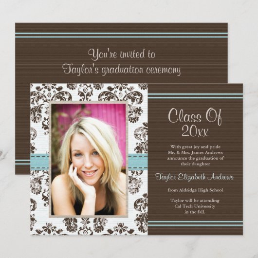 Damask Afstuderen Foto koninklijke uitnodigingen (Voorkant / Achterkant)