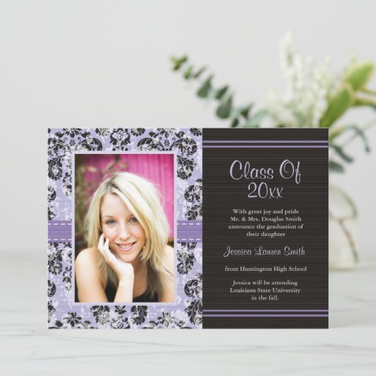Damask Afstuderen Fotoaankondiging Uitnodiging Pu (Staand voorkant)