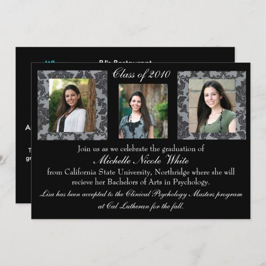 Damask Afstuderen Invitation Kaart (Voorkant / Achterkant)