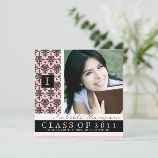  Damask Afstuderen koninklijk monogram Kaart (Staand voorkant)