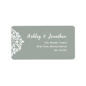 Damask Ambience: Elegant Uniek Olijfadres Etiket (Voorkant)