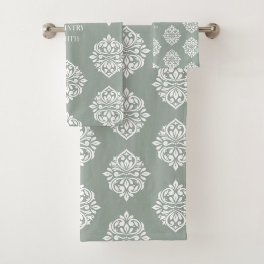 Damask Ambience Gepersonaliseerde Bleke Olijf Bad Handdoek (Insitu)