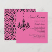 Damask and Crystals Birthday Invitation (fuchsia) Kaart (Voorkant / Achterkant)