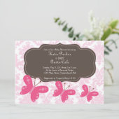 Damask and Pink Butterfly Invitation Kaart (Staand voorkant)