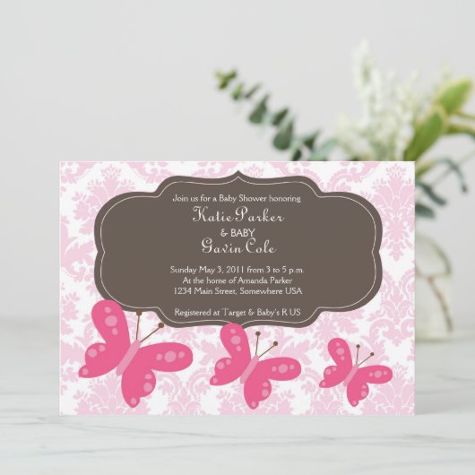 Damask and Pink Butterfly Invitation Kaart (Staand voorkant)