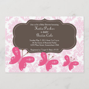 Damask and Pink Butterfly Invitation Kaart