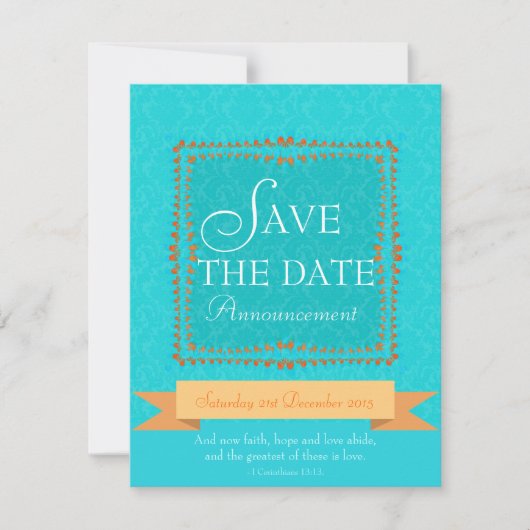 Damask Aqua Blauwe Romantische Save the Date Uitno Kaart (Voorkant)