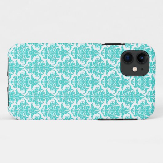 Damask - Aqua Blue op White iPhone Case (Achterkant (horizontaal))