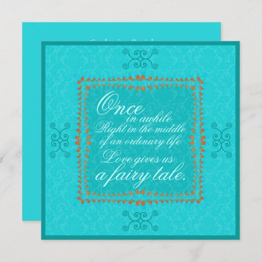 Damask Aqua Blue Romance Wedding Invitation Kaart (Voorkant / Achterkant)