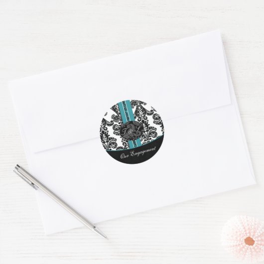 damask aqua Bruiloft Monogram stickers (Envelop)