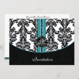 damask aqua bruiloft monogram uitnodiging