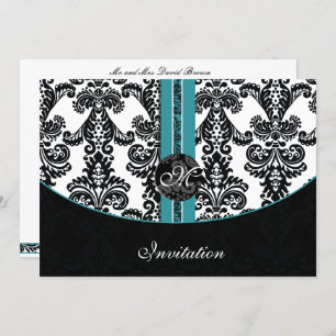 damask aqua bruiloft monogram uitnodiging