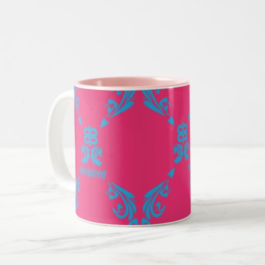 Damask Aqua-Magenta Tweekleurige Koffiemok (Voorkant links)