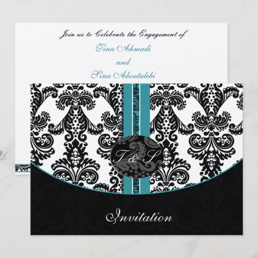 damask aqua Silver trouwuitnodiging Kaart (Voorkant / Achterkant)