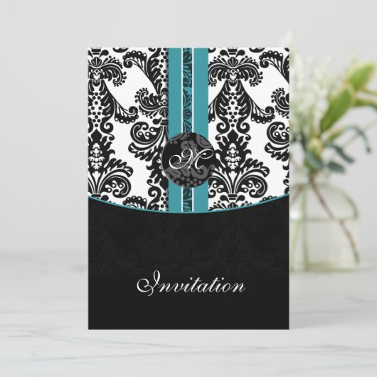 damask aqua trouwuitnodiging kaart (Staand voorkant)