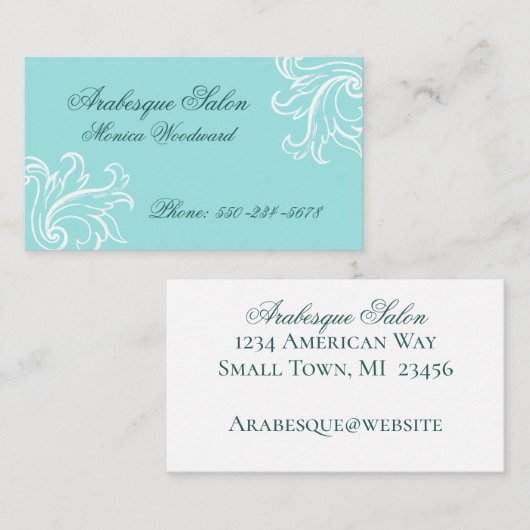 Damask Aqua, Turquoise en Wit Zakelijk Visitekaart Visitekaartje (Voorkant / Achterkant)