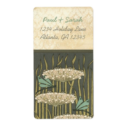 Damask Art Nouveau Dragonfly Lily Pads Etiket (Voorkant)