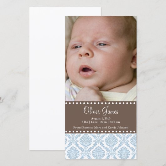 Damask Baby Announcement Fotokaart Aankondiging (Voorkant / Achterkant)