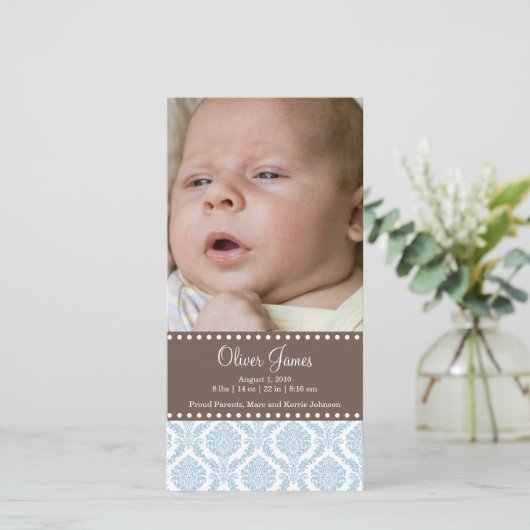 Damask Baby Announcement Fotokaart Aankondiging (Staand voorkant)