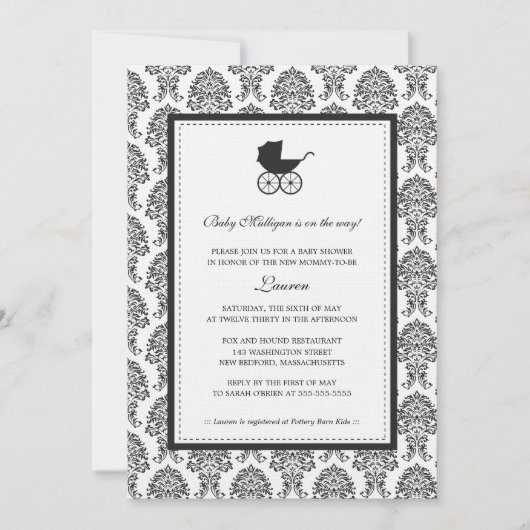  Damask Baby Carriage Baby shower Kaart (Voorkant)