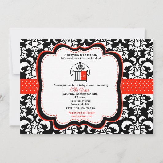 Damask Baby Shower Invitation Monograme Kaart (Voorkant)