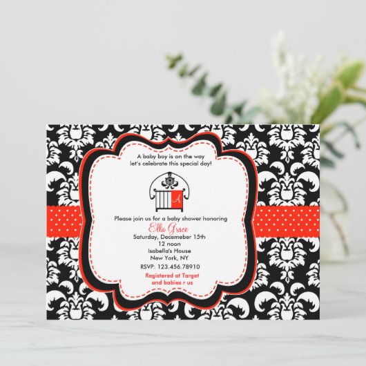 Damask Baby Shower Invitation Monograme Kaart (Staand voorkant)