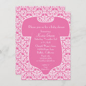 Damask Baby shower Invitation - Roze Kaart (Voorkant / Achterkant)