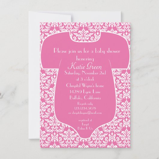 Damask Baby shower Invitation - Roze Kaart (Voorkant)