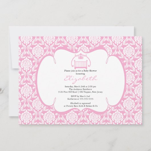 Damask Baby shower Invitation roze Wieg Girl Kaart (Voorkant)