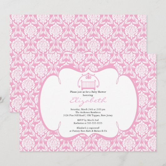 Damask Baby shower Invitation roze Wieg Girl Kaart (Voorkant / Achterkant)