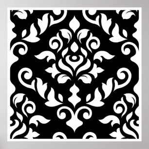 Damask Baroque Design White op Black Poster