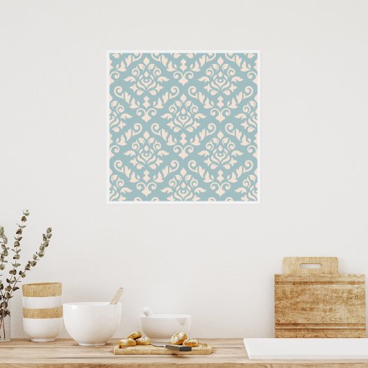 Damask Baroque Pattern Cream on Blue Poster (Keuken)