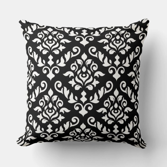 Damask Baroque Pattern White op Black Kussen (Voorkant)