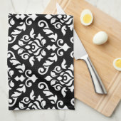 Damask Baroque Pattern White op Black Theedoek (Quarter Fold)