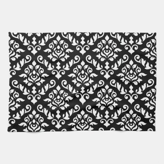 Damask Baroque Pattern White op Black Theedoek (Horizontaal)
