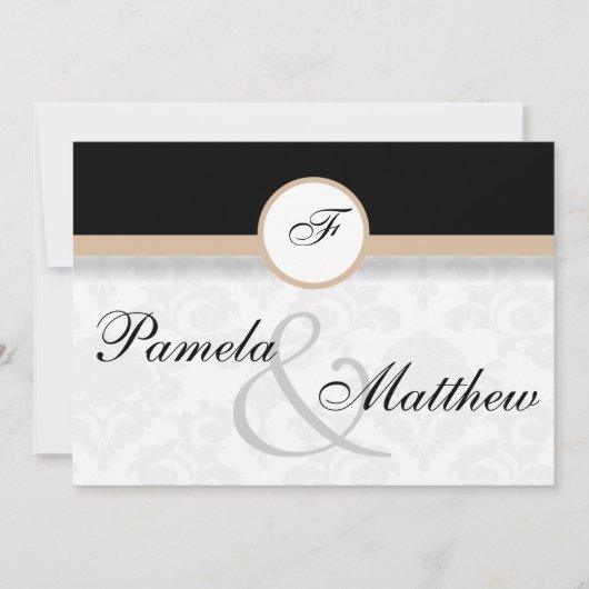 Damask Beige Monogram Wedding Invitation Kaart (Voorkant)