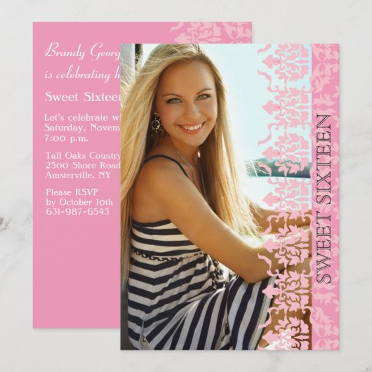 Damask bekijk foto-uitnodiging kaart (Voorkant / Achterkant)