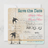 Damask Birdcage Wedding Save the Date Pink Green (Voorkant)