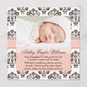 Damask Birth Announcement Roze en Brown Aankondiging