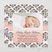 Damask Birth Announcement Roze en Brown Aankondiging (Voorkant / Achterkant)